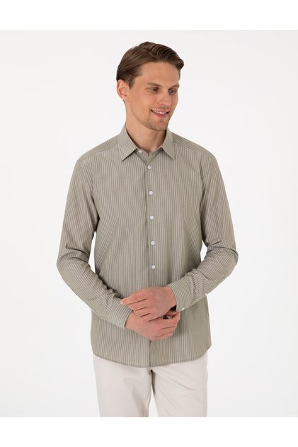 Haki Slim Fit Çizgili Uzun Kollu Gömlek 50310777-VR054