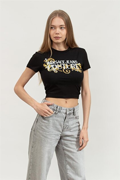 VERSACE JEANS COUTURE Kadın Bisiklet Yaka T-Shirt Siyah - Fiyatı