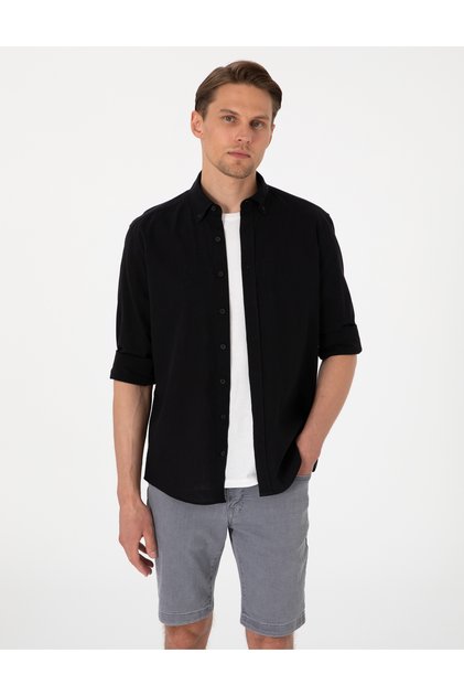 Black Linen Blended Regular Fit Long Sleeve Shirt 50303388-Vr046