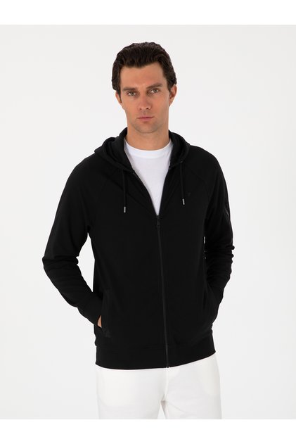 Black Regular Fit Full Zip Hooded Sweatshirt 50300994-Vr046