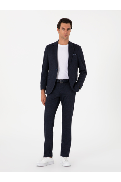 Navy Blue Slim Fit Micro Pattern Wool Blend Suit 50307706-Vr033