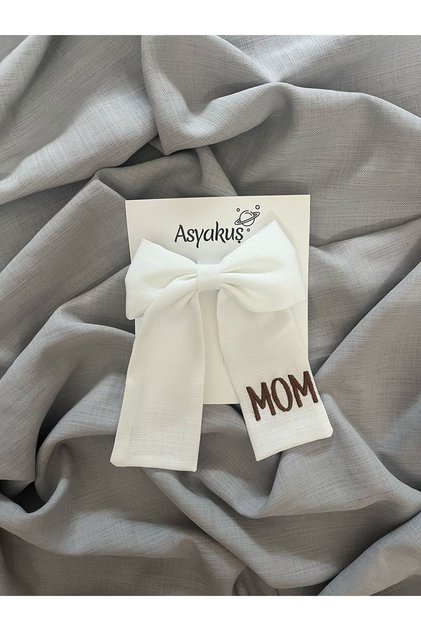 Mom Text Embroidered Mother's Day Special White Bow Automatic Buckle