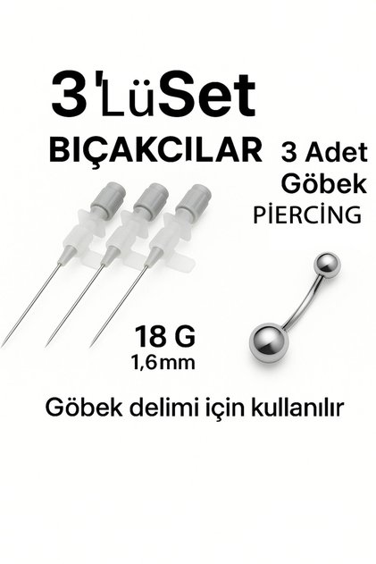 Kanül İntraket Gri 3 adet Göbek delim iğnesi 3 adet 316L piercing 1,6X12 mm