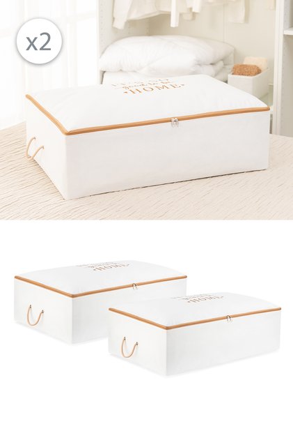 Set of 2 White Beige Printed Mega Size Base under Bed Cabinet Pillow Quilt Sweater Clothes Bag