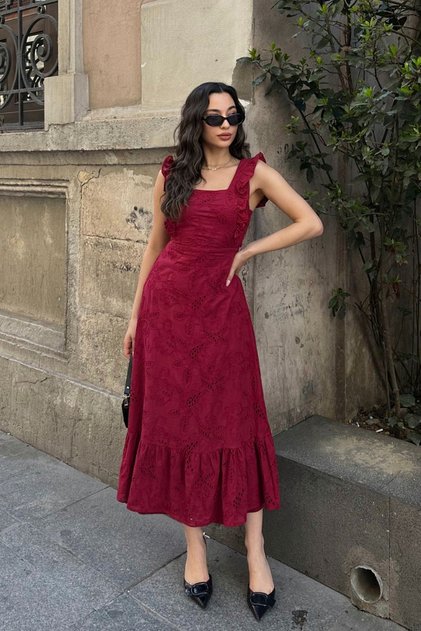 Back Lace Detail Special Design Square Collar Lined Belted 100% Cotton Embroidered Fisto Dress