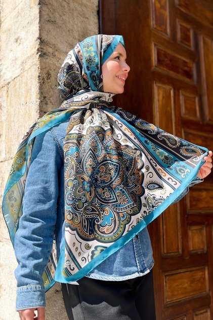 Sultan Fresh Cotton Shawl - Orient Express Model - Slf001-06 - Turquoise, Oil Green, Soft Orange