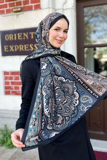 Sultan Fresh Cotton Shawl - Orient Express Model - Slf001-13 - Green, Black, Smoked