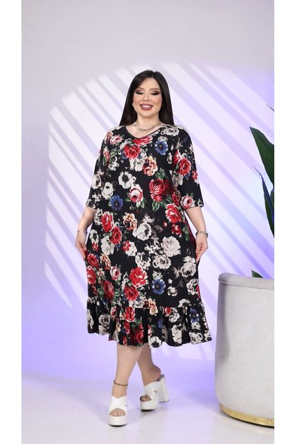 Women's Plus Size V-Neck Floral Print Ruffle Dress