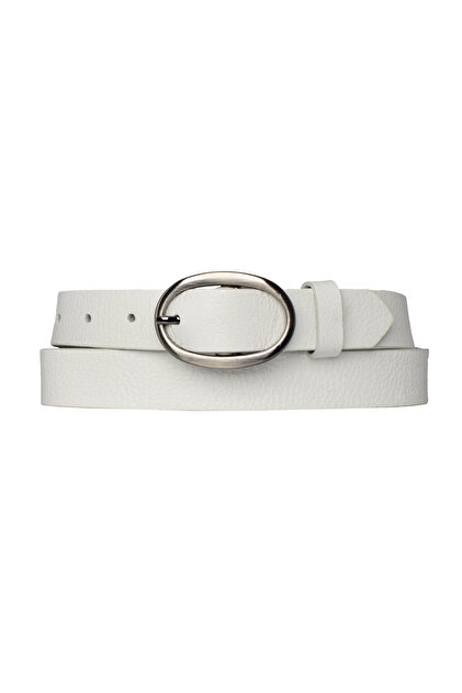 %100 Hakiki Deri Mat Gümüş Oval Tokalı Süt Beyaz Ince Kadın Kemeri, 3 Cm=3cm-kdn-39-nik.ov