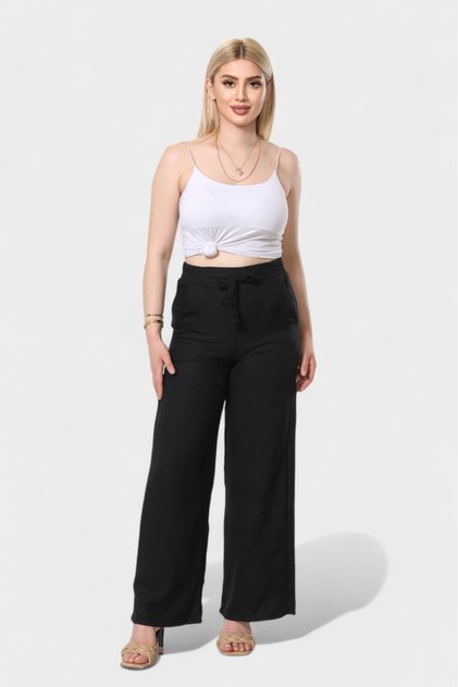 Women's Black Belted Elastic Waist Palazzo Linen Trousers