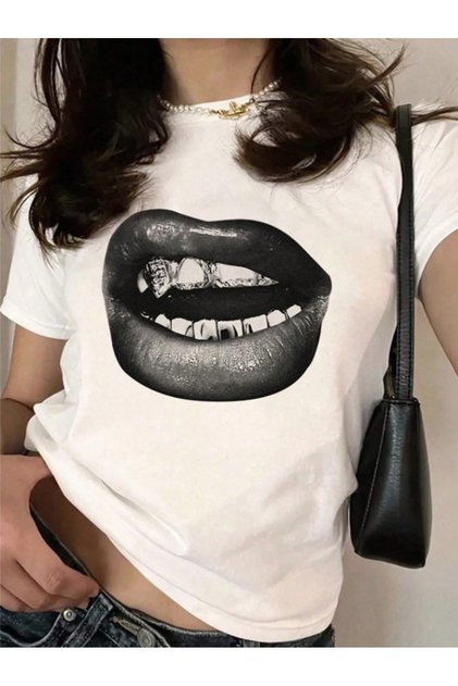 Kadın Trend y2k Dudak Baskılı Kısa Kollu Oversize Tişört
