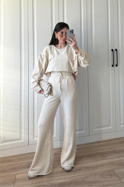 Kadın Bej Ultra Premium Soft Touch Taş Detaylı Sweat Pantolon Takım Njtkpr01