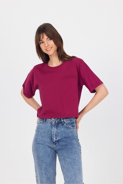 Claret Red Pocket Detailed Crew Neck Crop T-Shirt 2136m