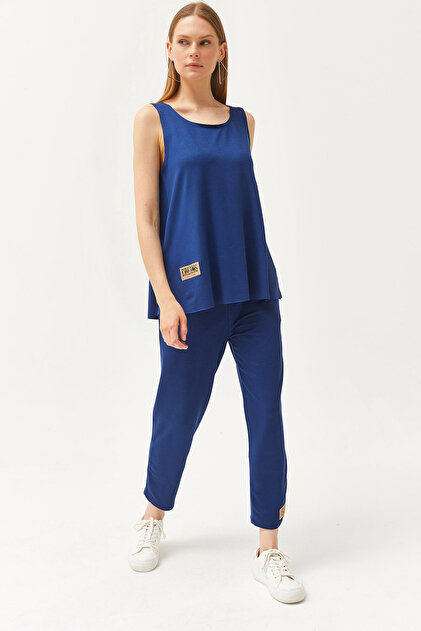 Women's Indigo Sleeveless Loose Blouse Bottom Top Crystal Suit TKM-19000271