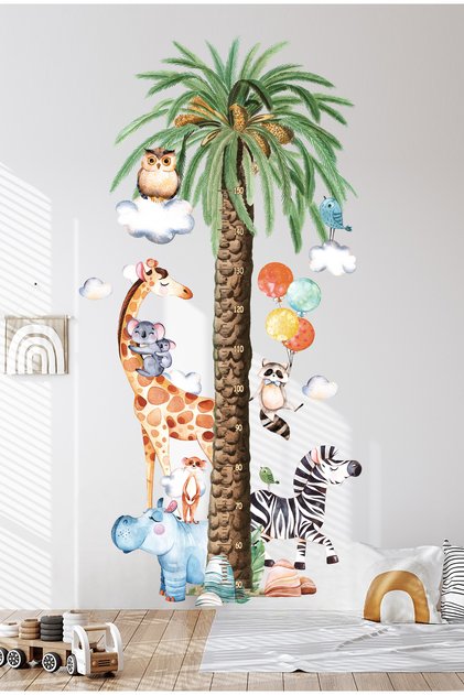 Cute Safari Breeds Palm Height and Development Meter Kids Room Wall Sticker