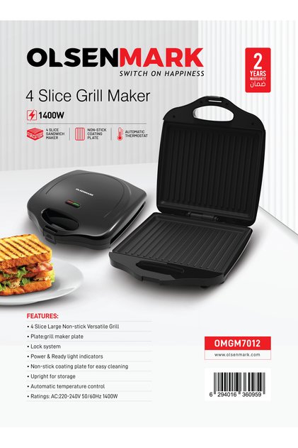 4 Slice Grill Maker Omgm7012, 1400w Sandwich Maker Non-stick Plates 2 Year Warranty