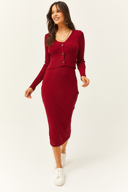 princess polly baby blue dress Olalook Women's Burgundy Dress Cardigan 2-Piece Knitwear Suit TKM-19000223-  Trendyol
