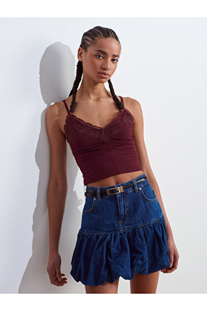 80573 100% Cotton Gathered Denim Balloon Skirt-Dark Blue