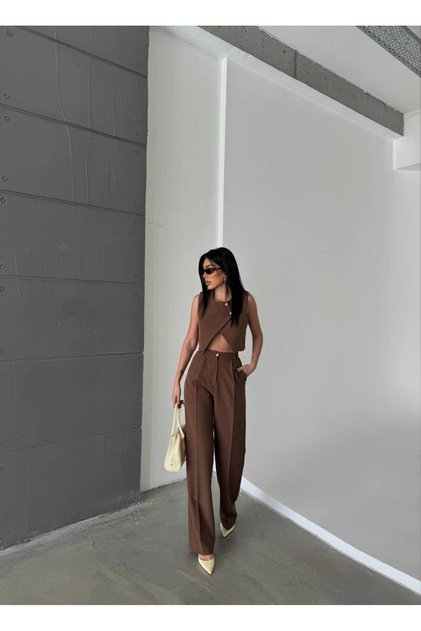 Asymmetrical Button Detailed Crop Vest High Waist Palazzo Suit