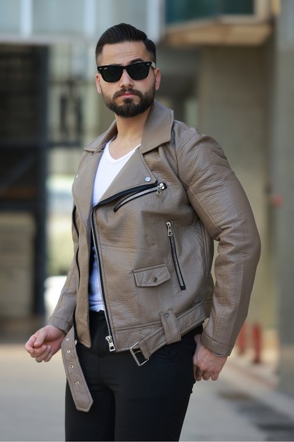 ERKEK KUZEY MODEL KEMERLİ BAHARLIK DERİ CEKET