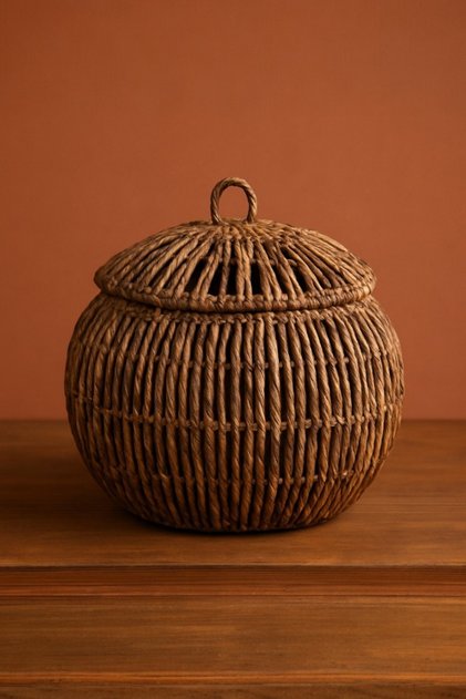Wicker Basket with Lid, Natural Weave, Round Storage Basket, Bohemian Organizer, 45 cm