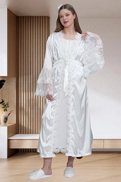 Mecit Pijama Women's Pregnant Maternity Lace Detailed Satin Dressing Gown +  Short Sleeve Nightgown 2 Piece Set 75% Cotton 25% Viscose- Trendyol