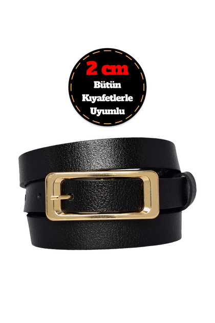 100% Genuine Leather, Thin 2 cm Black Women's Belt with Gold Color Buckle; Dress, Trouser Belt_Rectangular
