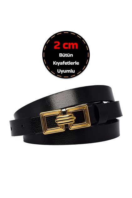 %100 Hakiki Deri, Gold Renk Tokalı İnce 2 cm Siyah Kadın Elbise, Pantolon Kemeri; kare+kare