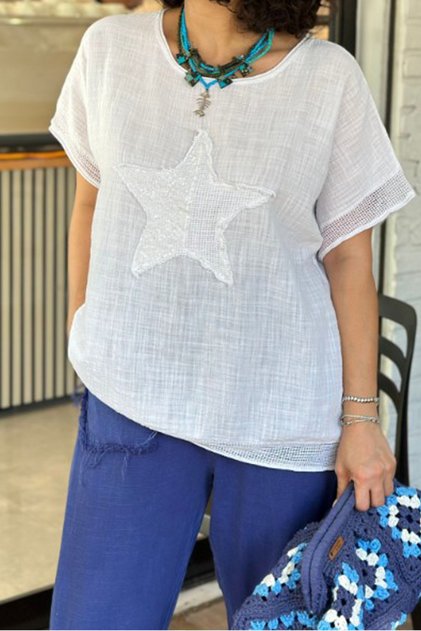 Women's White Applique Sequin Starry Sleeves and Skirt Ends Mesh Detail Oversize Loose 100% Cotton Blouse