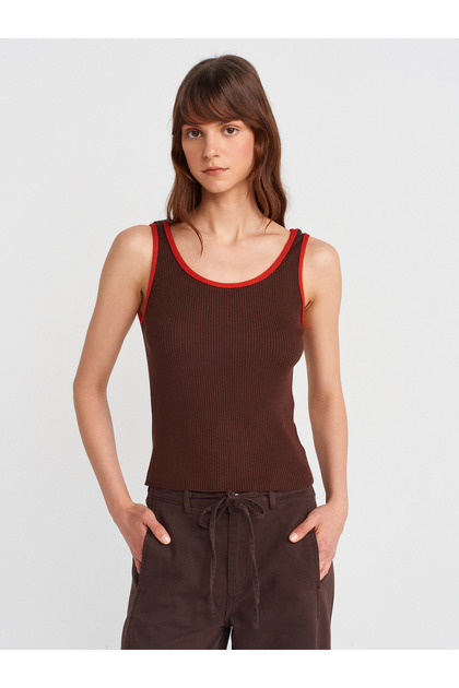 10745 Thick Strap Ribbed Contrast Thin Knitwear Blouse-Brown-Red.
