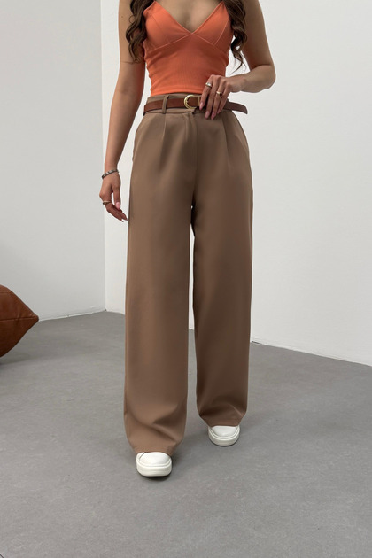 Women's High Waist Belt Detailed Elastic Waist Loose Palazzo Fabric Trousers