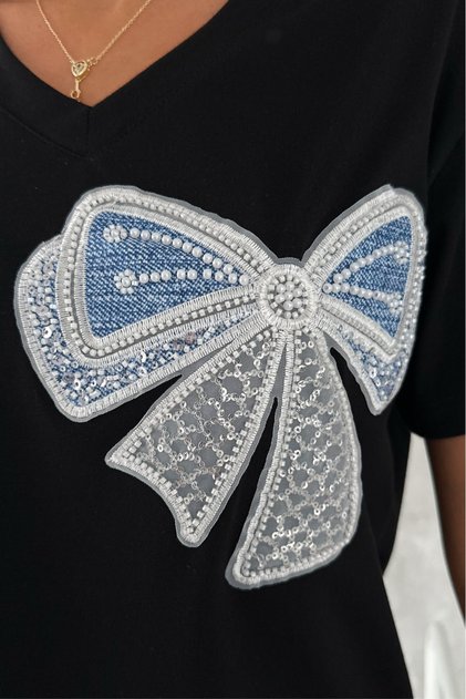 Women's Black Sewn Beads and Sequins Embroidered Bow Detailed 100% Cotton T-Shirt