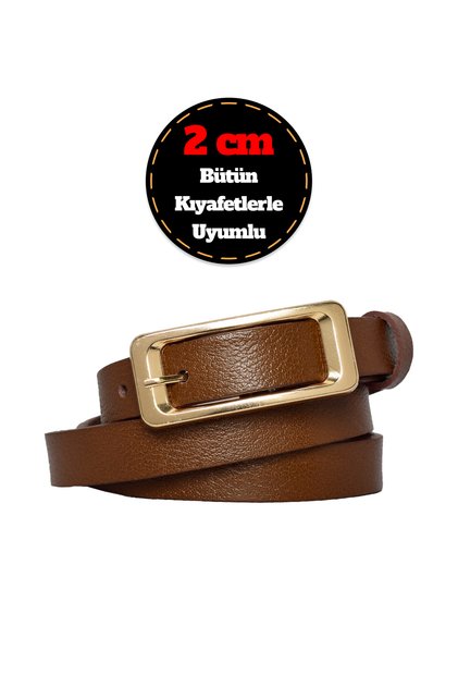 %100 Hakiki Deri, Renk Tokalı İnce 2 cm Açık Kahverengi Kadın Kemeri; Elbise, Pantolon Kemeri_dikd