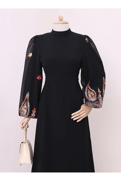 Sleeve Embroidery Dress - Black