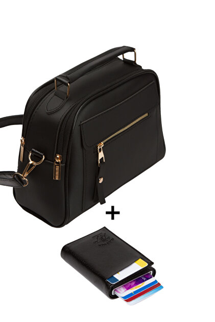Women's Three Compartment Hand and Shoulder Bag and Mechanism Wallet Set