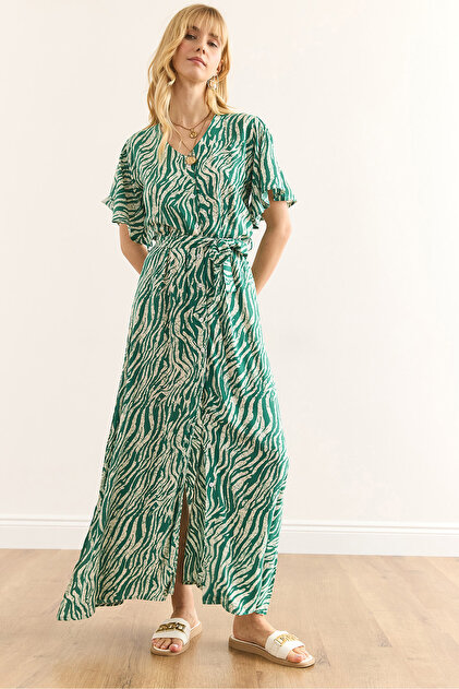 Olalook Women's Zebra Green Buttoned Belted Maxi Viscose Shirt Dress  Elb-19002382- Trendyol