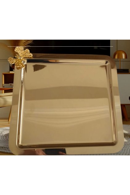 6'lı Lüx Kare TEK TARAFLI Gold Kelebekli Titanyum Kaplama Servis ,çay ,kahve ,ikramlık Sunum Tepsisi