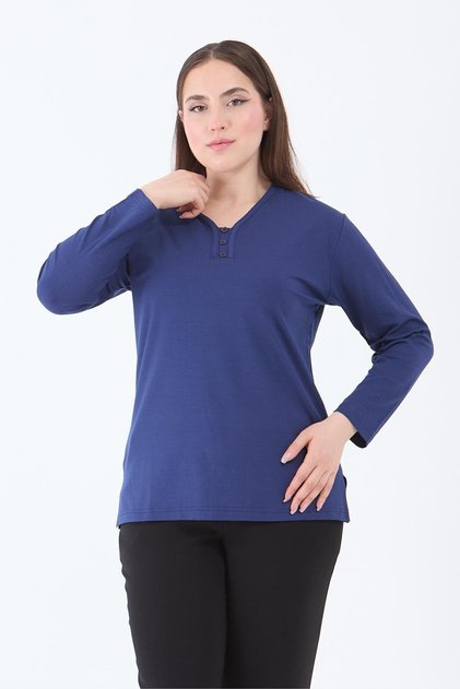 Women's Middle Age and Above V-Neck Lycra Indigo Viscose Mother Combed Cotton Blouse