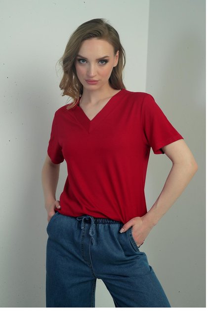 Women's V-Neck Slit Short Sleeve Blouse