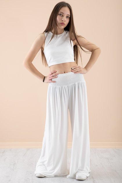 White Ribbed Cropled Girl's Wide Cut Pants Suit 20381