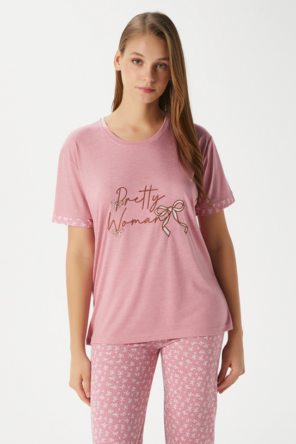Women's Pretty Woman Viscose Crew Neck Short Sleeve Pink Bottom Top Pajamas Set