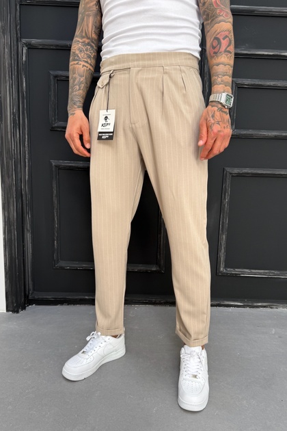 Men's Boyfriend Mold Double Leg Pleated Beige Fabric Trousers Ke-1025