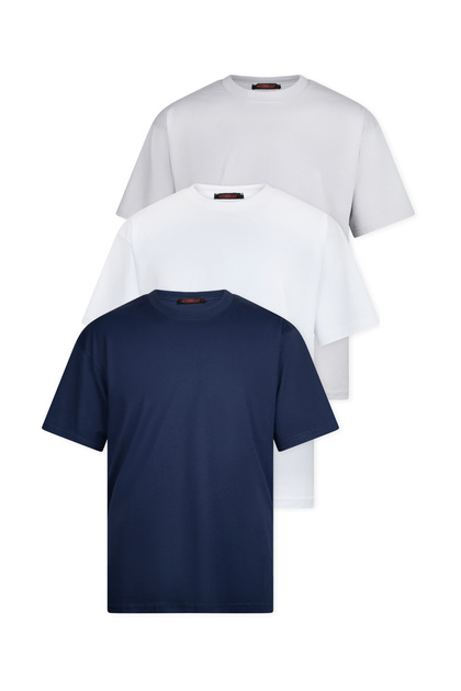 Men's 3-Pack Oversized Fit Wide Cut Crew Neck Basic Navy Blue White Gray T-Shirt