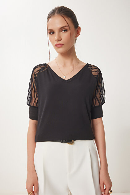 Happiness İstanbul Kadın Siyah Transparan Kol Detaylı Şık Örme