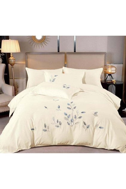 6pc Embroidered Premium Quality Pure Cotton King Size Comforter Set Cream 42