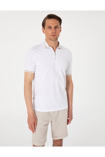 White Slim Fit 100% Cotton Zippered Polo Collar T-Shirt 50302607-Vr013