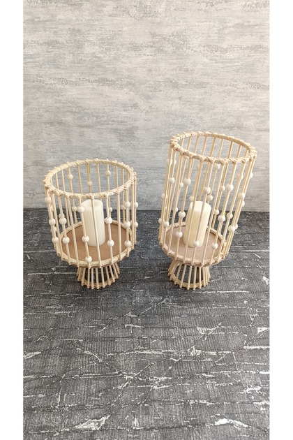 Dekoratif Ahşap Boncuklu Bohem Bambu Fener Set (28 CM & 35 CM)