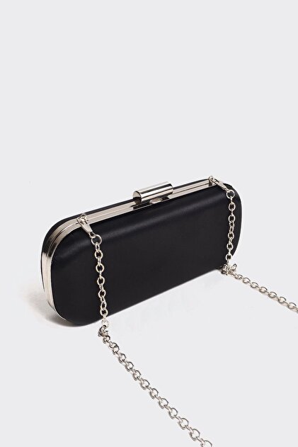 Black Satin Silver Covered Chain Strap Clutch Evening Bag