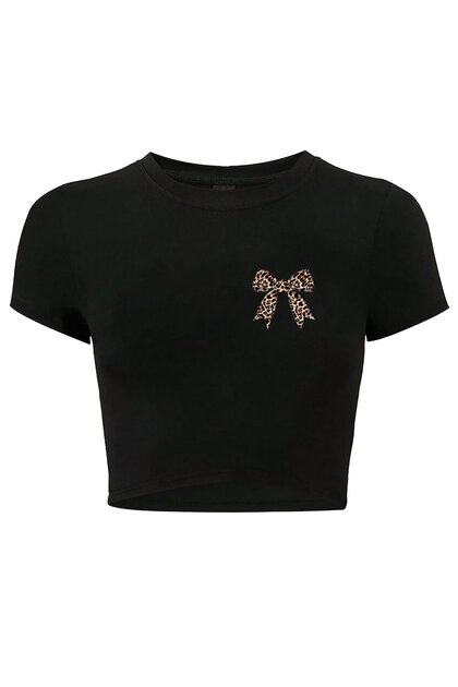 Women's Leopard Ribbon Crop T-Shirt Black