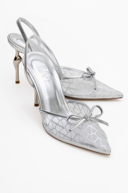 Peony Silver Mesh Bow Pointed Toe Women's Heeled Shoes